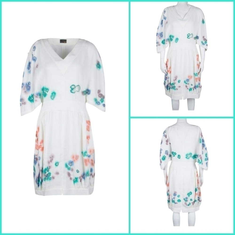 Fendi White Linen Cutout Detail Watercolor Embroidered Dress - Picture 1 of 10